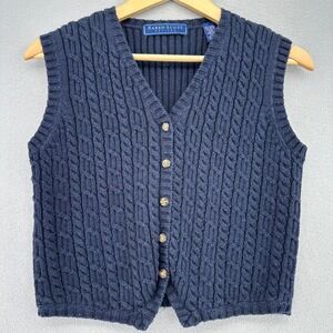 VTG Karen Scott Petites Navy Blue Cable Knit Sweater Vest Button Front V-Neck PS